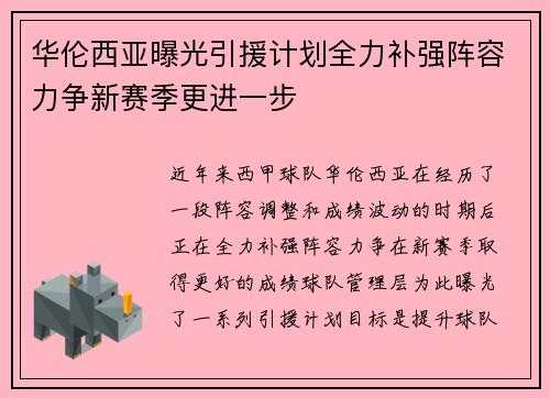华伦西亚曝光引援计划全力补强阵容力争新赛季更进一步