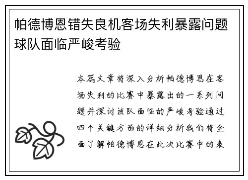 帕德博恩错失良机客场失利暴露问题球队面临严峻考验