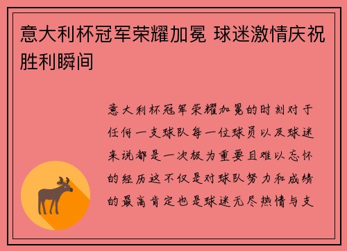 意大利杯冠军荣耀加冕 球迷激情庆祝胜利瞬间