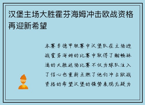 汉堡主场大胜霍芬海姆冲击欧战资格再迎新希望