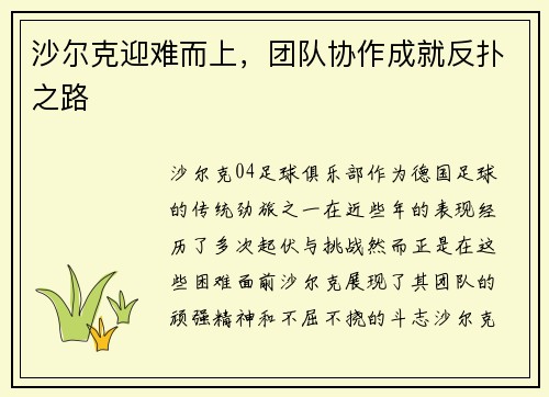 沙尔克迎难而上，团队协作成就反扑之路