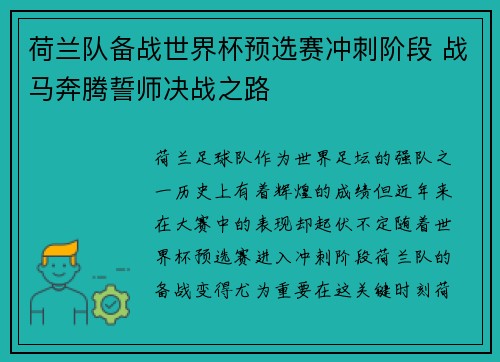 荷兰队备战世界杯预选赛冲刺阶段 战马奔腾誓师决战之路