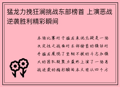 猛龙力挽狂澜挑战东部榜首 上演恶战逆袭胜利精彩瞬间