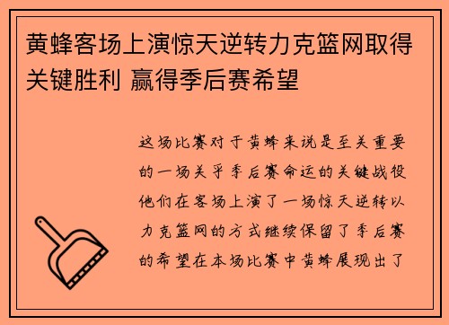 黄蜂客场上演惊天逆转力克篮网取得关键胜利 赢得季后赛希望