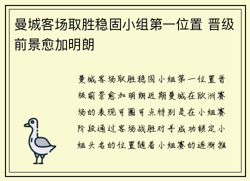 曼城客场取胜稳固小组第一位置 晋级前景愈加明朗